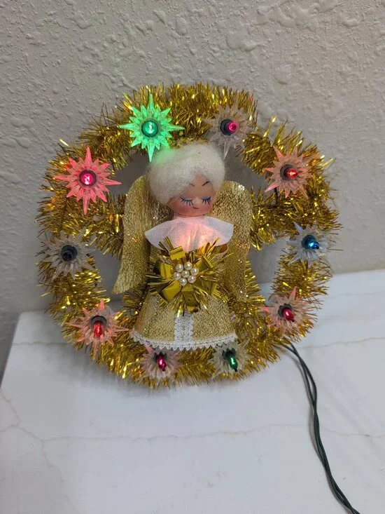 Vintage Light Up Angel Wreath Gold Tinsel Flashing Lights Retro Christmas 7” - Picture 12 of 12